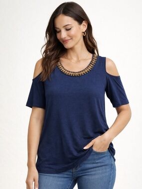 Neiman Marcus Navy Cold Shoulder Top with Beaded Detail